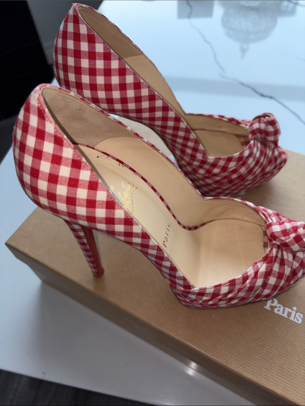 Christian Louboutin Red and White Gingham Peep-Toe Knot Pumps - Picture 7 of 12